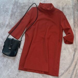 ZARA Minimalist Drop-Sleeve Mini Dress with Turtle Neck in Rust